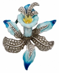 Vintage Silver Tone Blue Enamel and Marcasite Orchid Brooch